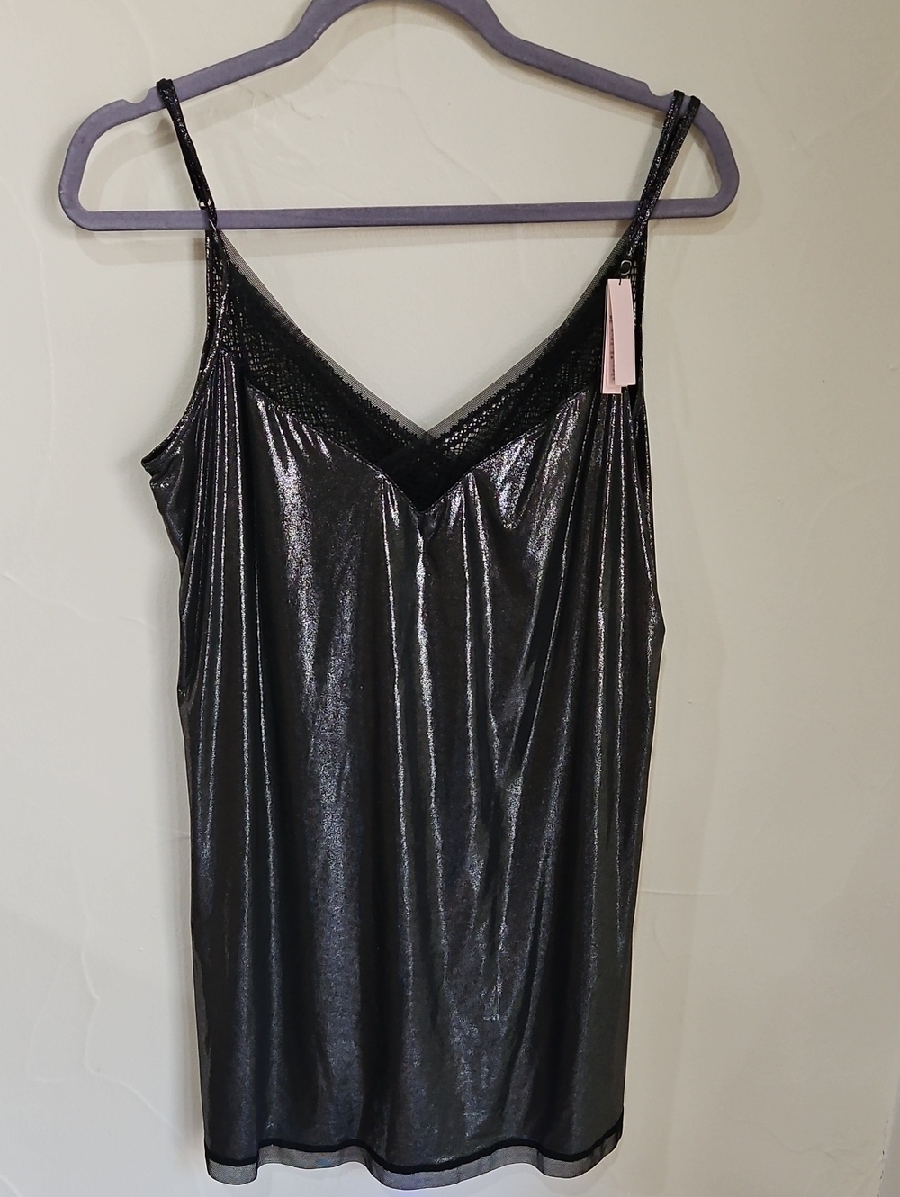 NWT Victoria's Secret Women's Shiny Black Silver Lace-Trim Slip/Dress Large
